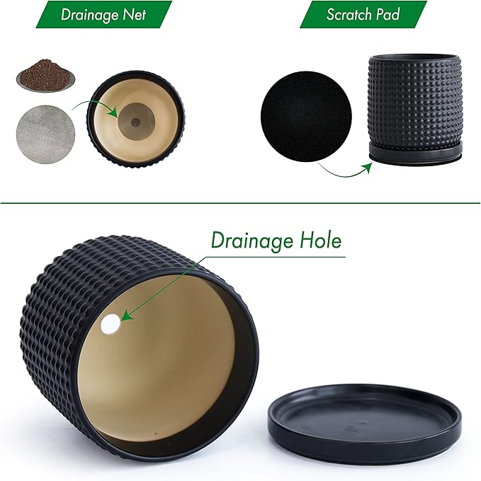 D'vine Dev 6 Inch Ceramic Beaded Stoneware Planter Pot - Flower Pot with Drainage Holes and Saucers for Indoor Succulent Plants or Flowers, Ebony Matte, 27-C-X-6