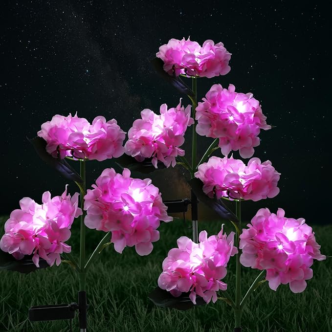 Solar Lights Outdoor Decorative - 3 Pack Hydrangea Solar Garden Stake Lights Waterproof,Two Lightning Modes & Enlarged Solar Panel (Pink)