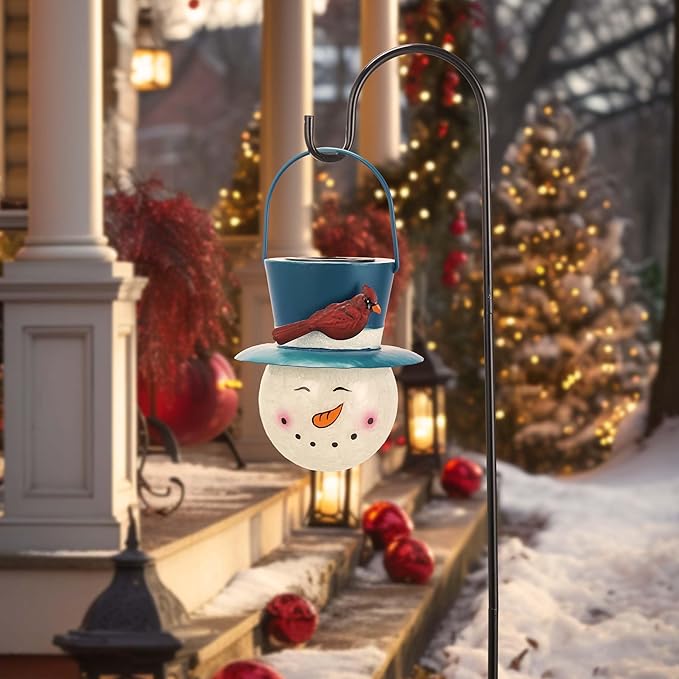 TERESA'S COLLECTIONS Outdoor Christmas Decorations for House, 36'' Snowman Glass Solar Lantern Stake with Blue Cardinal Hat, Xmas Grinch Solar Christmas Lights for Garden Party Decor