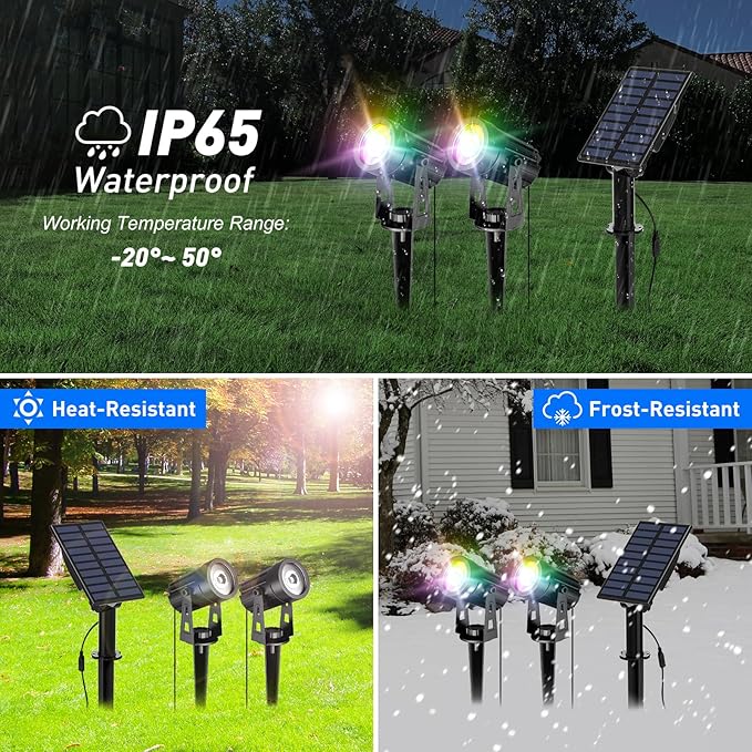 T-SUN Color Changing Solar Lights for Outside, Solar Spot Lights Outdoor Waterproof, Dual Head Solar Landscape Spotlights for Garden, Pond, Yard, Trees, Pathway(RGB)