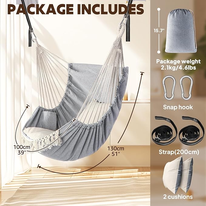 Chihee Hammock Chair Hanging Swing 2 Pillows Included,Strong Webbing Straps and Hooks for Easy Hanging Soft Cotton Hanging Chair Side Pocket Tassel Chair Comfort Indoor Outdoor Light Grey