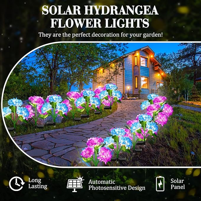 Treela 4 Pack Solar Lights Flowers Outdoor Waterproof Hydrangea Garden Stake Lights Realistic LED Flowers Powered Decorative Ground Solar Flower for Lawn Yard Backyard Decoration Gift(Blue, Purple)