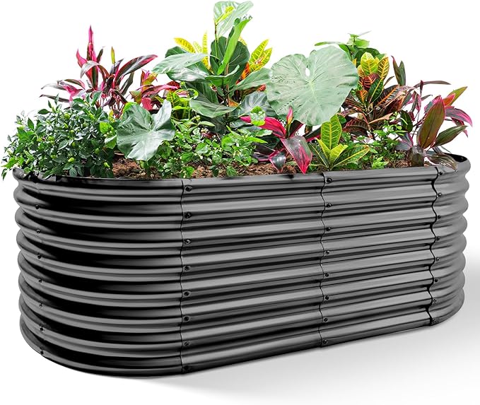 Land Guard Galvanized Raised Garden Bed, 8x4x2ft Planter Boxes Outdoor, Oval Larger Metal Planter Boxes for Vegetables, Fruits, Flowers (Grey)