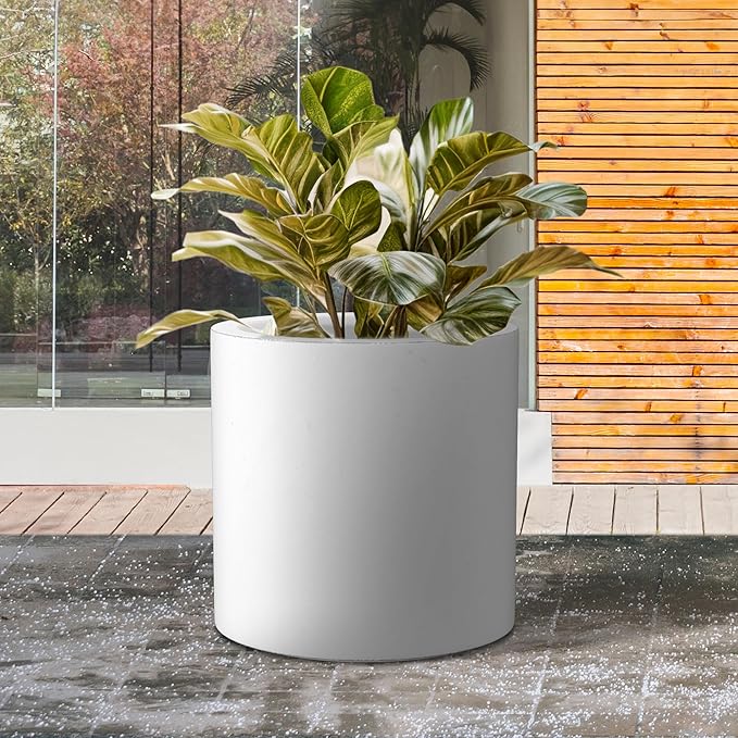 Kante 15.7" Dia Round Concrete Planter, Modern Style Large Cylindrical Plant Pot with Drainage Hole and Rubber Plug for Indoor Outdoor Patio, White