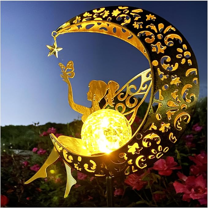 Solar Fairy Garden Decor for Outside,Solar Garden Lights Outdoor Decorative,Patio Fairy Garden Statues Decor,Yard Decor,Lawn Ornaments,Metal Yard Art,Unique Angel Gifts for Women,1PC