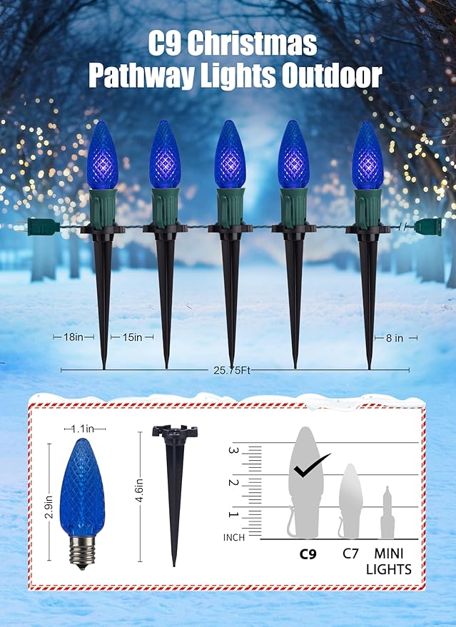 C9 Led Christmas String Lights, 20 Led 25.75 Feet Outdoor Waterproof Strawberry Lights with 20 Stakes, Extendable Green Wire String Lights for Indoor Outside Patio Wedding Party Decoration, Blue