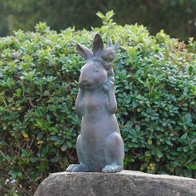 Rabbit Garden Statues Bunny Decorations - Easter Bunny Father with Baby Figurine Easter Gift Dark Gray Garden Spring Bunny Sulpture for Yard Framhouse Outdoor Décor 7*5.25*15.25 in Newman House Studio