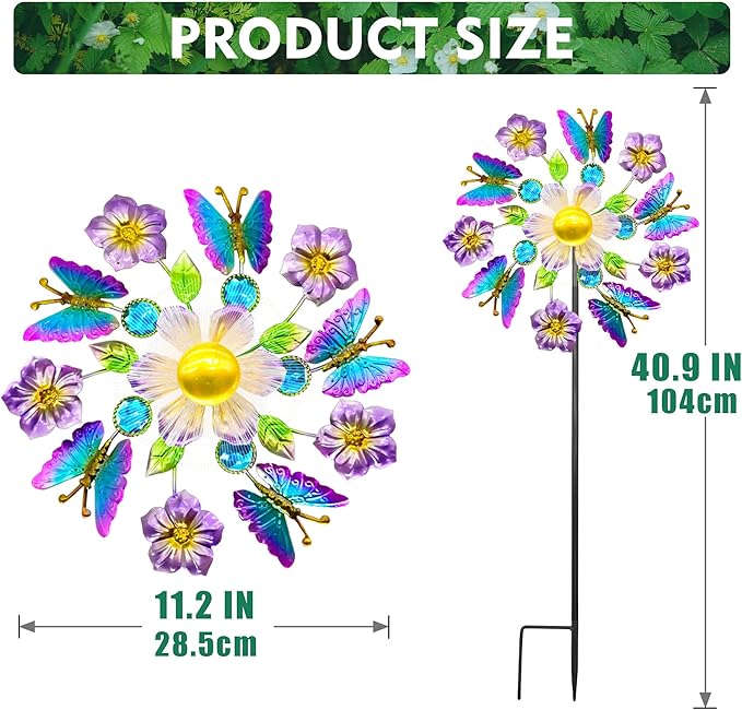 Solar Wind Spinners Outdoors for Yard and Garden - 40 Inch Metal Wind Sculpture, Outdoor Kinetic Windmill with Multi-Color Led Lights for Patio, Lawn & Garden Decoration (Butterfly)
