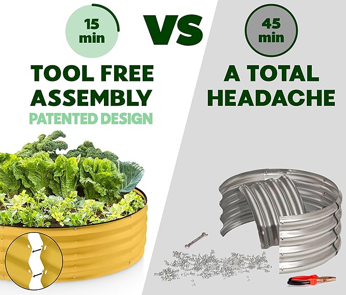 Round Galvanized Raised Garden Bed // 4×4×1 ft Galvanized Raised Garden Beds Outdoor for Gardening, Vegetables, Flowers // Patented Tool-Free Design Round Planter (Yellow)