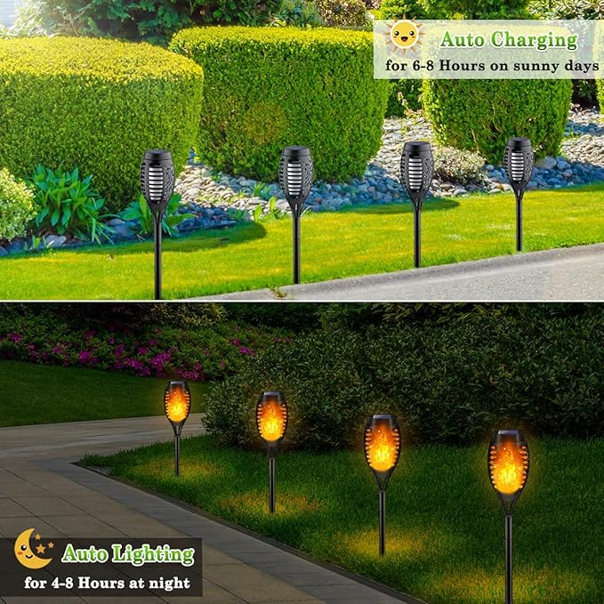 Outdoor Solar Lights, 12Pack Solar Torch Light with Flickering Flame, Garden Lights Waterproof for Outdoor Decor, Tiki Torches for Outside, Luces Solares para Exteriores Pathway Yard Garden Decor