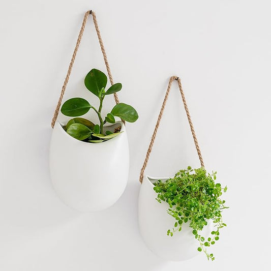 Wall Planters -Ellie- | Hanging Ceramic Plant Pots 2 Pieces | Wall Decoration for Indoors, Balcony and Garden | White (Matte)