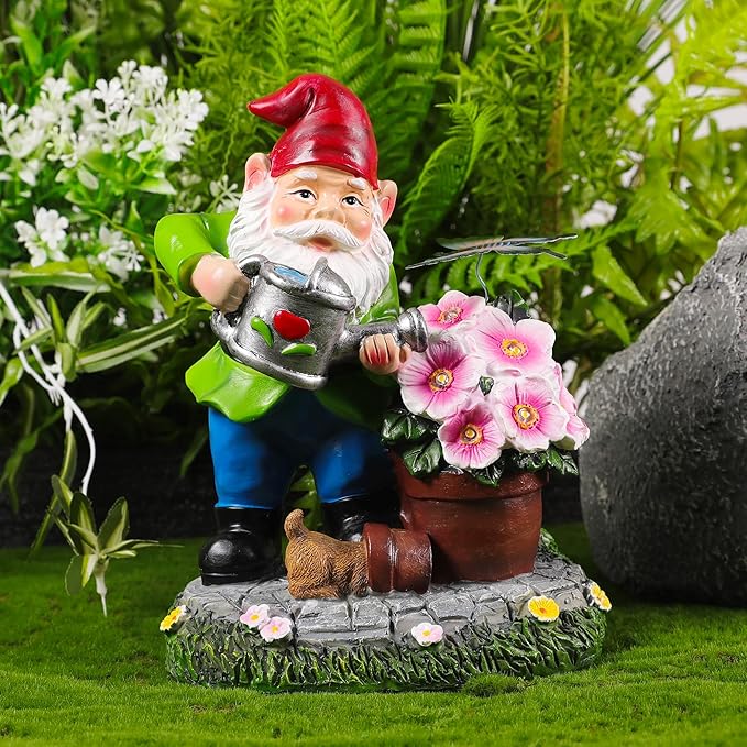 Gnome Figurine Garden Decor, Solar Resin Gnomes Outdoor Statue, Funny Gnome Gift Sculpture Decoration for Home Patio Yard Lawn Porch Ornament