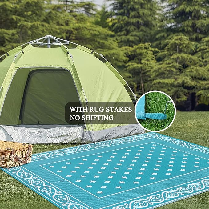 Pauwer Waterproof Outdoor Rug 6x9, Reversible Plastic Straw Patio Camping Rug, Indoor Outdoor RV Mat Carpet for Deck, Camper, Porch, Balcony, Backyard, Picnic, Bordered Teal