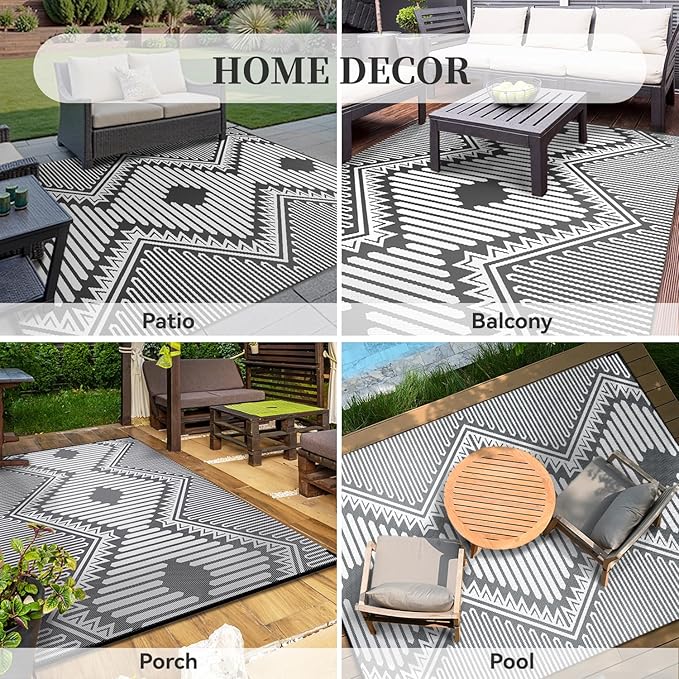 MontVoo Outdoor Rug-Waterproof Patio Rug Mat 5x8 Outdoor Carpet Mat Reversible Plastic Straw Outside Outdoor Rug for RV Camping Picnic Beach Balcony Backyard Pool Deck Porch Modern Boho Grey