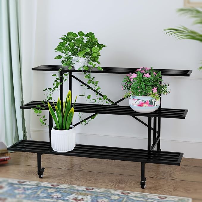 Zhongma 3 Tier Sturdy Metal Plant Stand with Wheels, L45.67 x W26 x H26 inch, Heavy Duty Plant Holder for Home Indoor and Outdoor, 660 LBS Capacity & Heavy Duty Construction