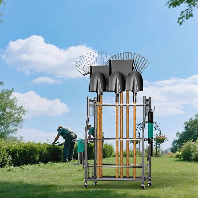 EVERHANGER Garden Tool Organizer Stand, Garage Tool Storage Organization, Yard Tool Racks with lockable wheels, Fit for Long-Handled Tools/Rakes/Brooms, Indoor/Outdoor Use