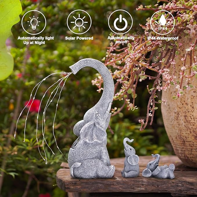 Goodeco Garden Elephant Statue Outdoor - Elephant Gifts with Solar Watering Lights, Siting Elephant Figurine Perfect for Yard, Patio, and Pathway Decor - Ideal Gardening Gifts