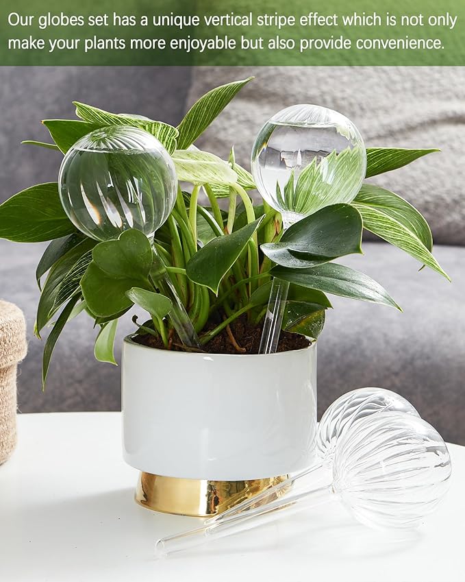 DN DECONATION 4 Pcs Plant Watering Globes, Clear Glass Watering Bulb, Watering Bulbs for Indoor Plants & Outdoor Plants, Automatic Plant Watering System to Support Plant Health, Striped Water Globes
