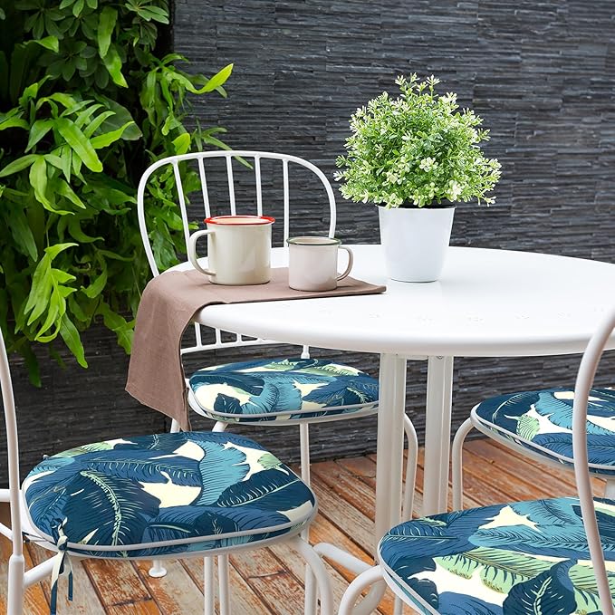 Indoor/Outdoor Chair Cushions 16x17 Inch, Patio Chair Cushions with Ties, All Weather Seat Cushions for Patio Furniture Home Garden Chair Use, Set of 2, Swaying Palms Blue