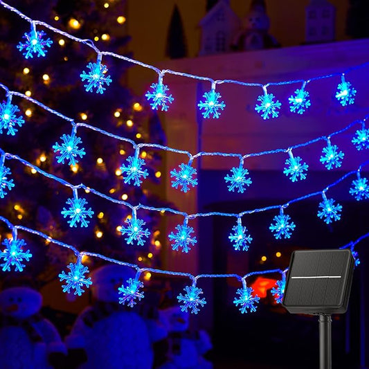 Brightown Solar Christmas Snowflake String Lights 100 LED 39 FT Outdoor Waterproof Fairy Lights with 8 Lighting Modes for Wedding, Party, Tree, Room, Garden, Patio, Yard, Home, Blue