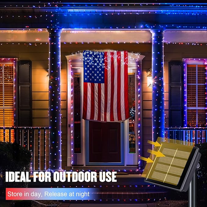 JMEXSUSS 2 Pack Red White and Blue Solar Lights, Each 100 LED 33FT Solar Fairy Lights Outdoor Waterproof, 4th of July Solar String Lights for Independence Day Outside Decorations