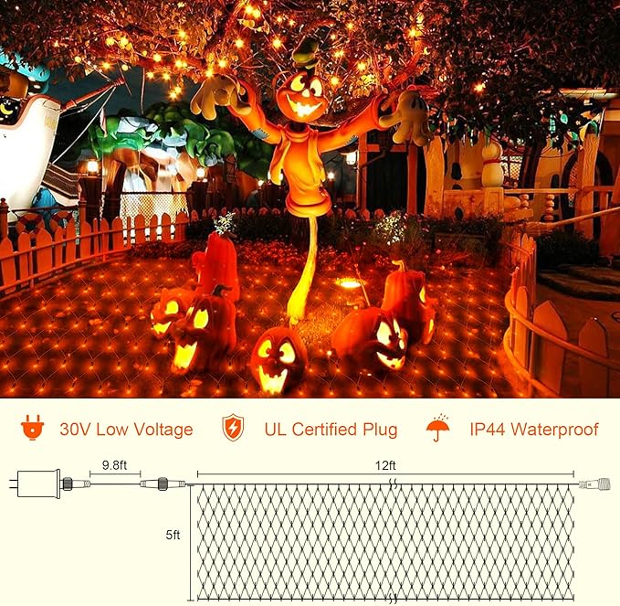 Orange Net Lights Outdoor Waterproof - 360 LED With Remote, 12x5 ft Extendable 8 Modes Christmas Lights for Thanksgiving Bushes Gazebo Lawn Garden Shrubs Tree Backyard