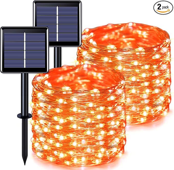JMEXSUSS 2 Pack Orange Solar Halloween Lights, 66ft 200 LED Solar Fairy Lights Outdoor, Waterproof Solar String Lights for Tree Patio Garden Halloween Thanksgiving Decorations