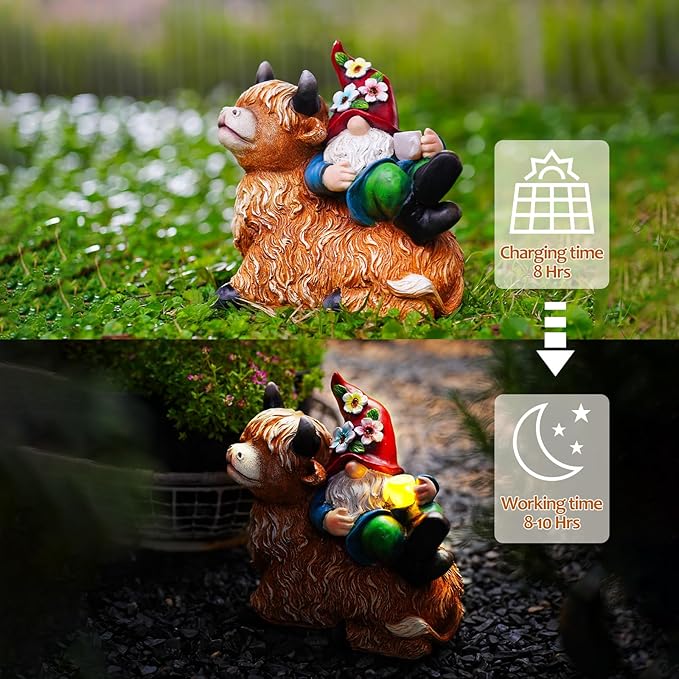 Garden Gnomes Decor Outdoor Statues Gnome on Highland Cow Hold Solar Cup Light Outdoor Decorations for Patio,Yard and Gift for Mom