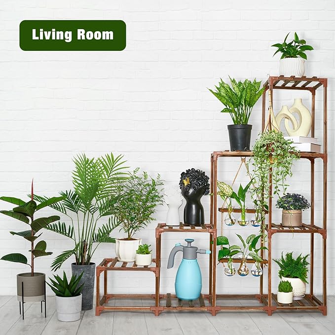 XXXFLOWER Plant Stand Indoor Outdoor Wood Plant Shelf for Multiple Plants ，Large Plant Rack for Window Garden Balcony Patio Porch Living Room (Brown-8 Potted)