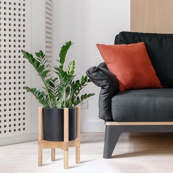 D'vine Dev Planter Pot with Stand - 8 Inch Plastic Cylinder Flower Pot with Wood Planter Holder for Indoor, Matte Black Pot + Natural Stand, 55-C-J-2