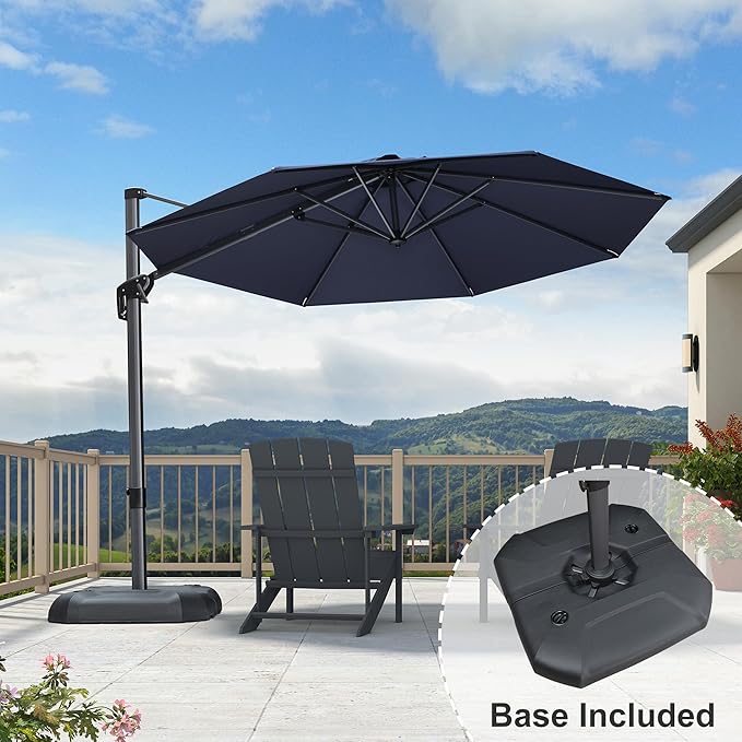 PURPLE LEAF 10 Feet Patio Umbrella With Base Outdoor Cantilever Round Aluminum Offset With 360-Degree Rotation for Deck Garden Pool Navy Blue
