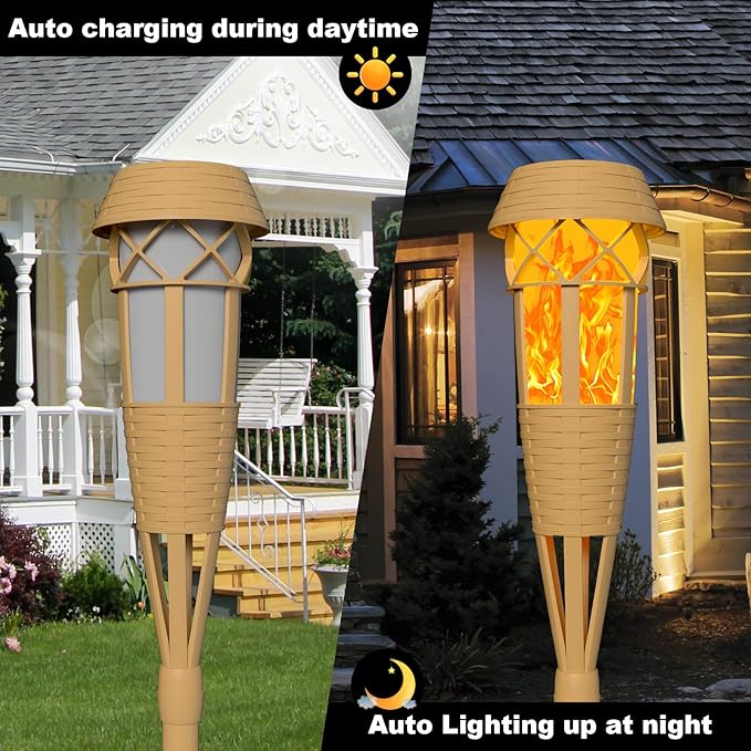 Solar Outdoor Lights – Solar Torch Lights with Flickering Flame for Garden Decor, Waterproof Solar Garden Lights, Outdoor Patio & Pathway Yard Decorations with Flame Torches - 2 Pack