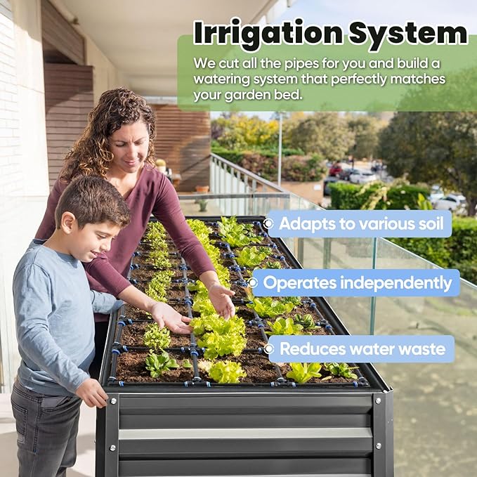 KING BIRD Raised Garden Bed with Irrigation System and Legs Galvanized Elevated Planter Box for Backyard, Patio, Balcony, 600lb Capacity, 70.9x22.8x31.5 in Dark Grey