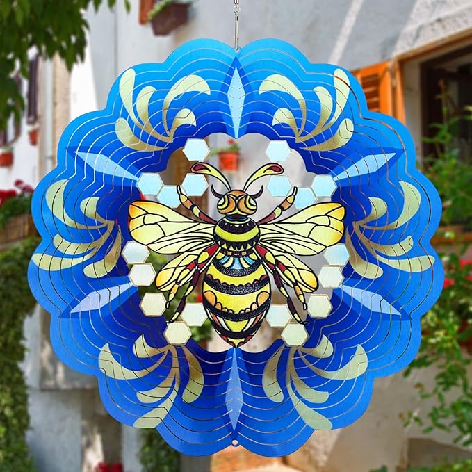 Bee Wind Spinners 3D Hanging Wind Spinner Bee Ornament Gifts for Women Mom Grandma,12inch Metal Spring Wind Kinetic Sculpture for Outdoor&Indoor Decor, Yard Art, Garden Decoration