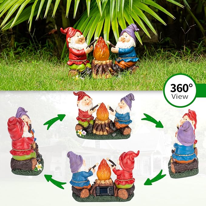 mopha Solar Garden Gnomes Statues Outdoor Christmas Flame Lights Decor, Resin Gifts Figurines Outside Decoration Ornaments Clearance Gardening Decoration