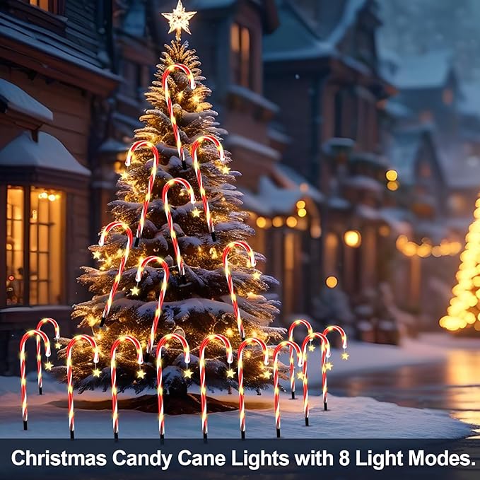 2 Set 24 Pack Upgraded Solar Christmas Candy Cane Lights, 18.6 Inch 144LED Outdoor Pathway Stake Lights with 8 Modes, Solar Candy Cane Lights for Decor Lighting Walkway Yard Garden Xmas Decorations