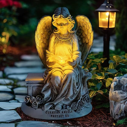 Spring & Summer-Themed Garden Statues – Adorable Outdoor Decor for Lawn, Patio & Porch (Guardian Angel Reading Book Garden Statue, 10" Solar Powered Angelic Outdoor Figurine)