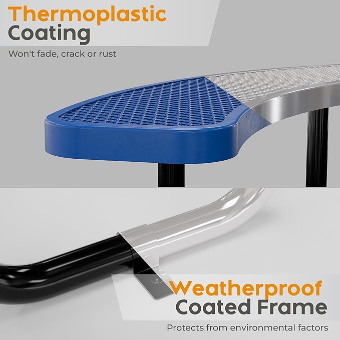 Metal Picnic Tables for Outdoors with Umbrella Hole - Coated Steel Heavy Duty Commercial Grade Table with Adjustable Seats (Blue, 38 in, Round, Expanded Steel)