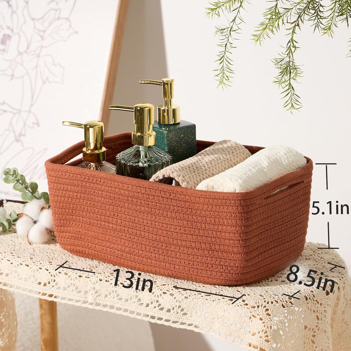 Small Storage Baskets for Organizing | Closet Organizer Bins | Shelf Toy Basket | Woven Rope Baskets | Cube Decorative Box | Shallow Basket | 13x8.5x5.1” | 4 Packs Oxide Red