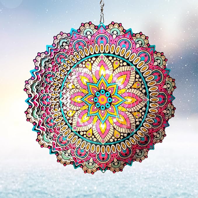 Wind Spinner Blossom Mandala Wind Spinners Outdoor 12inch 3D Stainless Steel Hanging Wind Sculptures Creates Holographic Effect. Kinetic Garden Decoration Yard Art Decor Worth Mandala Gifts