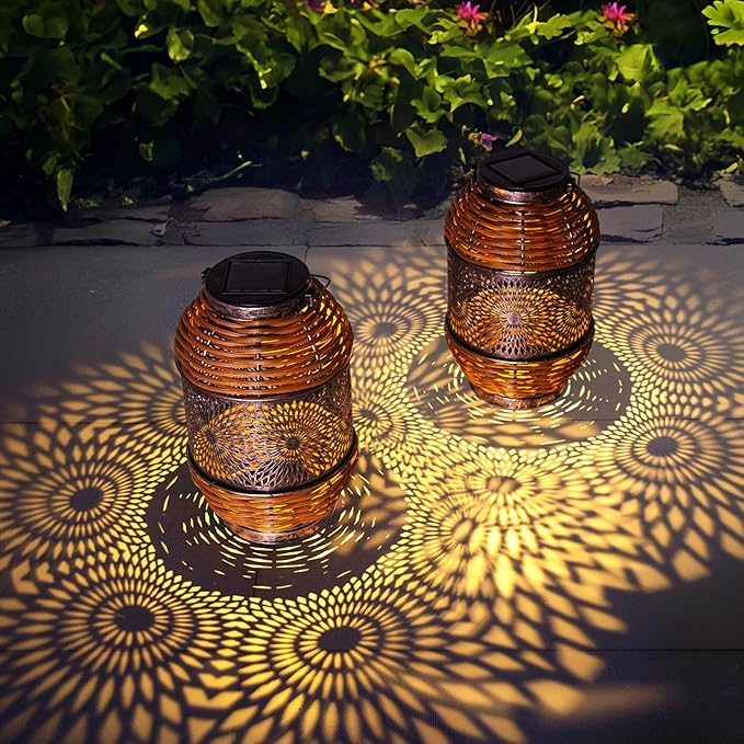 2 Pack Solar Lanterns Outdoor,Rattan with Metal Decorative Garden Hanging Lanterns Waterproof Christmas Gifts for Women LED Light with Handle for Table,Patio,Pathway,Pergolas,Tree,Yard,Fence,Hook