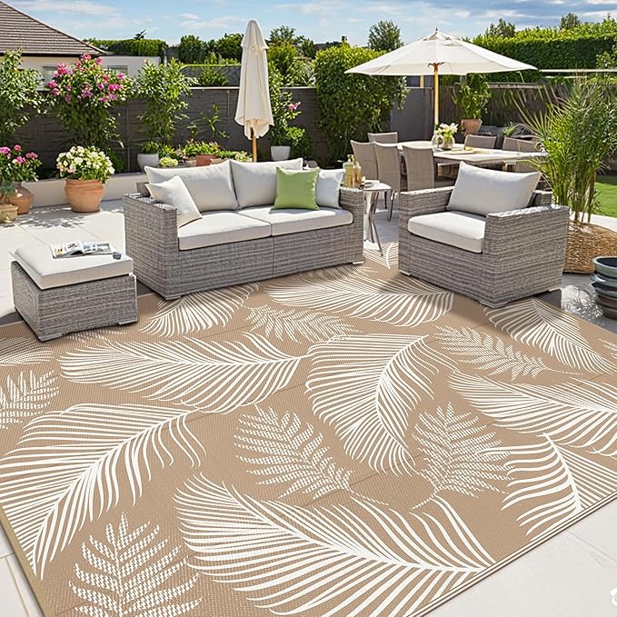 Pauwer Waterproof Outdoor Rug 10x14, Reversible Plastic Straw Patio Camping Rug, Indoor Outdoor RV Mat Carpet for Deck, Camper, Porch, Balcony, Backyard, Picnic, Leaf Brown