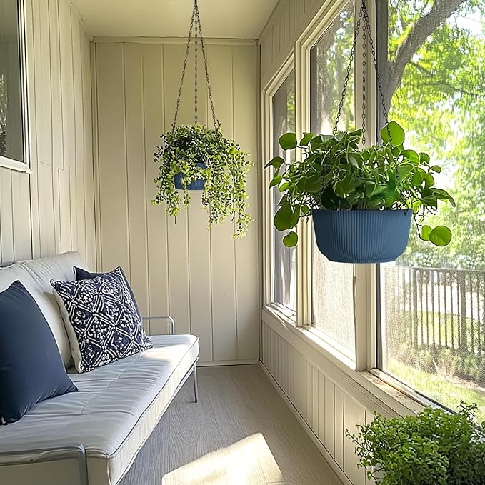 T4U 10 Inch Hanging Planters for Indoor Outdoor Plants, Hanging Baskets for Plants Pack of 2, Self Watering Hanging Pots with Drainage Hole for Garden Home Decor, Blue