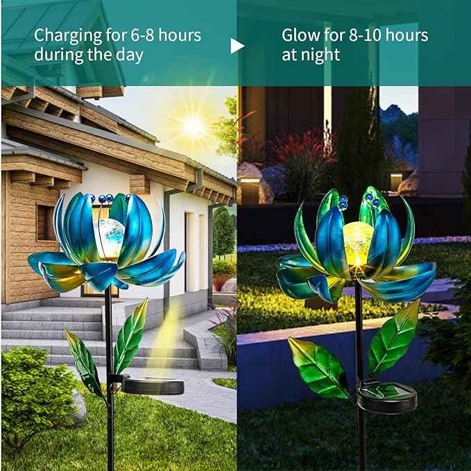 Huaxu Solar Outdoor Lights 35.4In Garden Decor Flower Wind Spinners,Waterproof LED Crackle Glass Globe Blue Lotus Art Metal Stake for Lawn Patio Pathway Yard Porch Driveway Decorations Gift