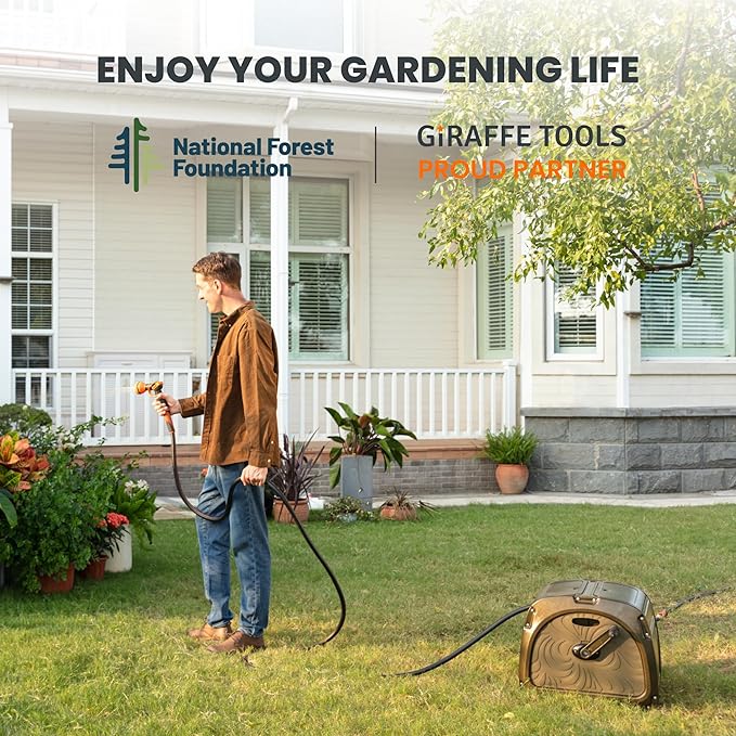 Giraffe Tools SW5-100ft Metal Hose Reel Box, 100 ft Rubber Hose Garden Hose Storage Heavy Duty Reel Hideaway, Crank Handle, 100ft 5/8" Hose, Green