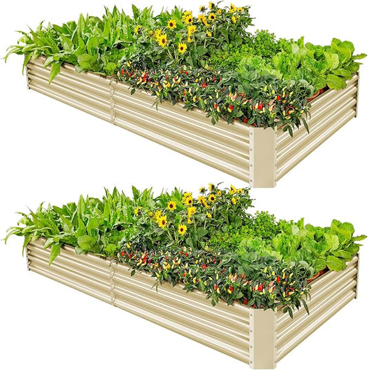 Land Guard 2 Pack 8×4×1ft Galvanized Metal Raised Garden Bed, Metal Planter Kit Box Outdoor for Deep-Rooted Vegetables, Flowers, Green and Herbs (Cream Yellow)
