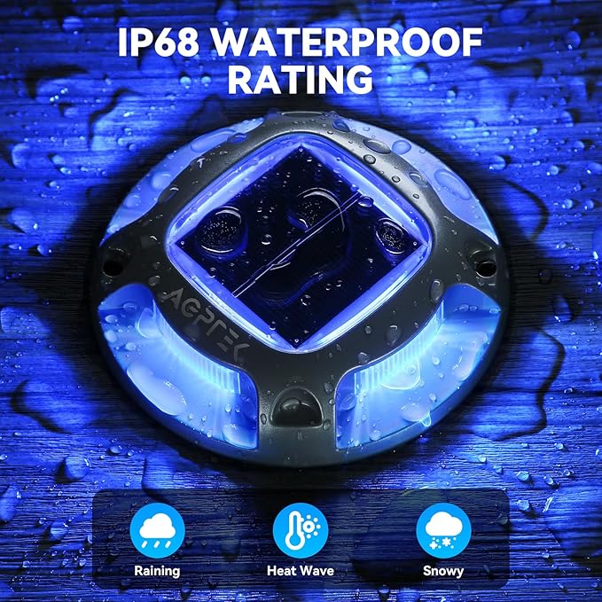 AGPTEK Solar Driveway Lights 4 Pack, 2 Colors in 1 Outdoor Solar Deck Dock Marine Waterproof LED Driveway Marker Security Lights for Outside Pathway,Boat Dock,Step,Walkway,Path,Garden (Blue & White)