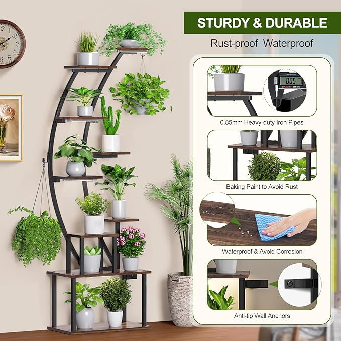 Plant Stand Indoor with Grow Lights, 9 Tiered Metal Plant Shelf Pots For Plant Lovers, 63" Tall Indoor Flower Rack Display Holder Multiple For Room, Corner Large Planter Shelves For Patio,Wall