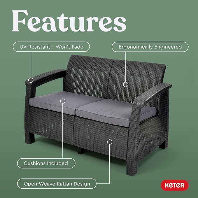 Keter Corfu 4 Piece Set All Weather Outdoor Patio Garden Furniture with Cushions, Charcoal