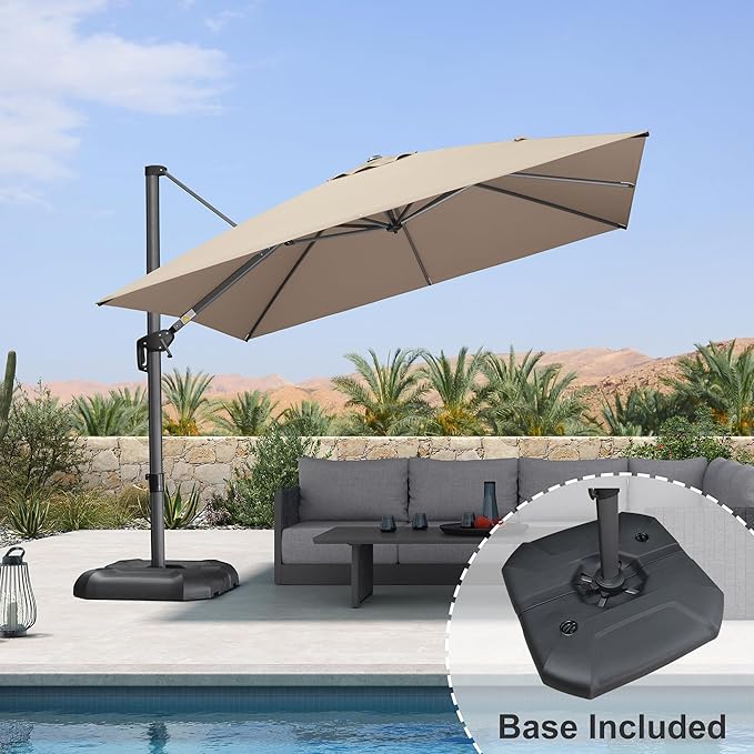 PURPLE LEAF 10 Feet Square Cantilever Umbrella Patio Umbrella with Base Outdoor Umbrella Aluminum Offset with 360-degree Rotation for Garden Deck Pool Patio Taupe